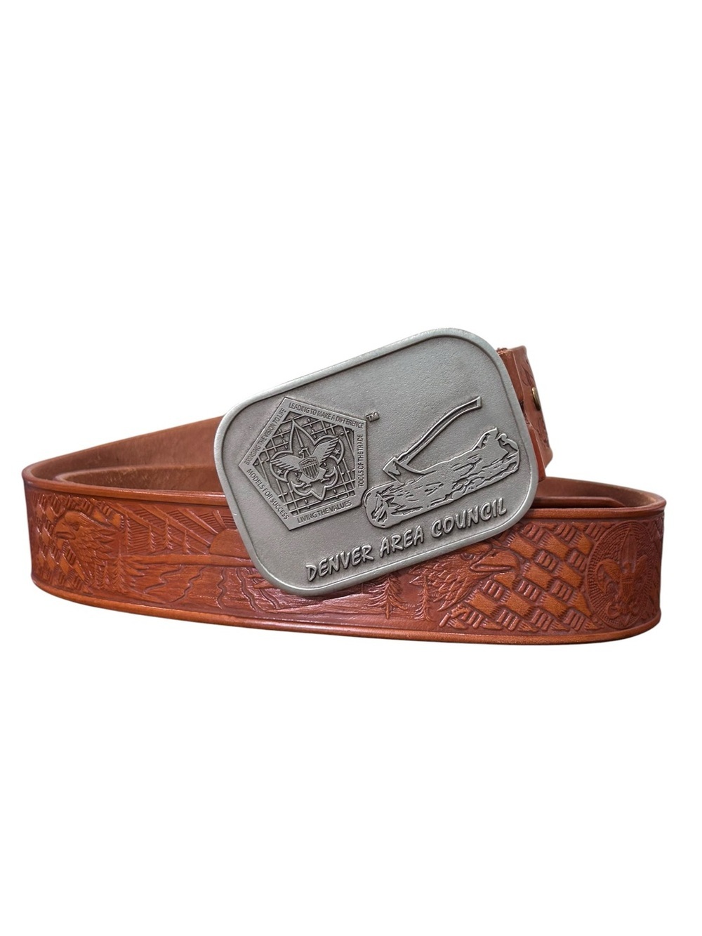 Vintage Denver Colorado Boy Scouts embossed leather belt pewter buckle size 46